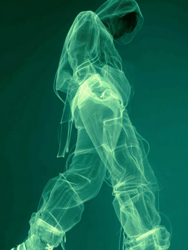 Phosphor wireframe figure — conceptual, not decorative tech